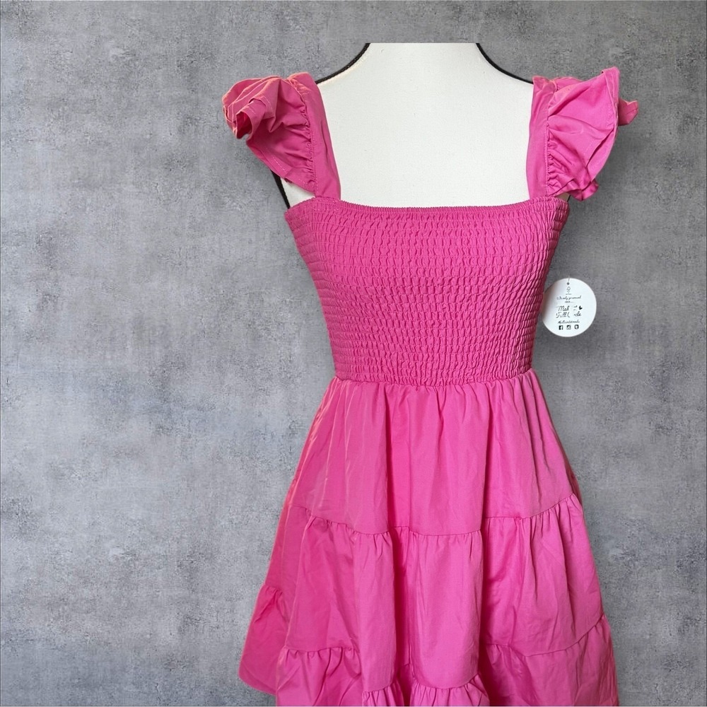Hot pink fit and flare‎ stretch cotton ruffled dress Barbiecorp NWT